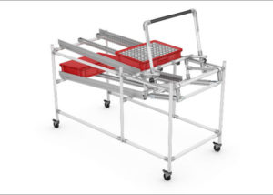 Ergonomic Material Handling Cart with Hand-Operated Karakuri Mechanics - Manipulación ergonómica del material con mecánica Karakuri de accionamiento manual