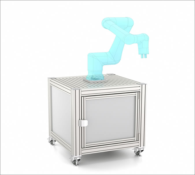 Robot island with cabinet with panels and doors for storage Isla para robots con gabinete